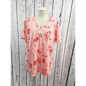 NEW NWT Liz & Lilli 2X Plus Pink Floral Sparkle Knit Top Tunic V-Neck Gold Rings